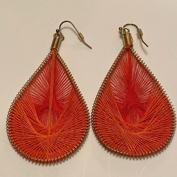 Red & Orange Peruvian Threaded Teardrop Earrings - Picture 5 of 6